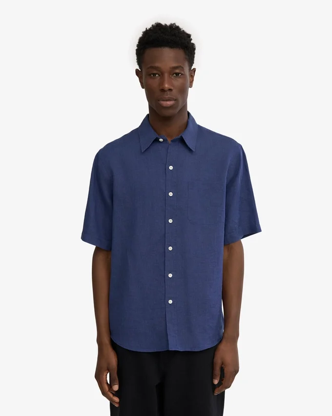 Camisas de lino de manga corta - Azul marino