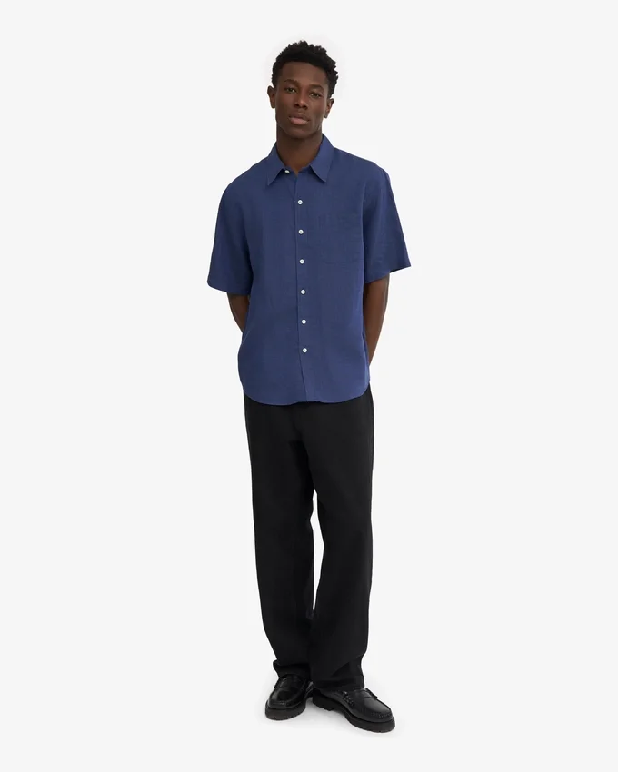 Camisas de lino de manga corta - Azul marino