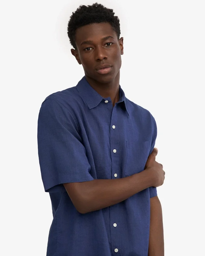 Camisas de lino de manga corta - Azul marino