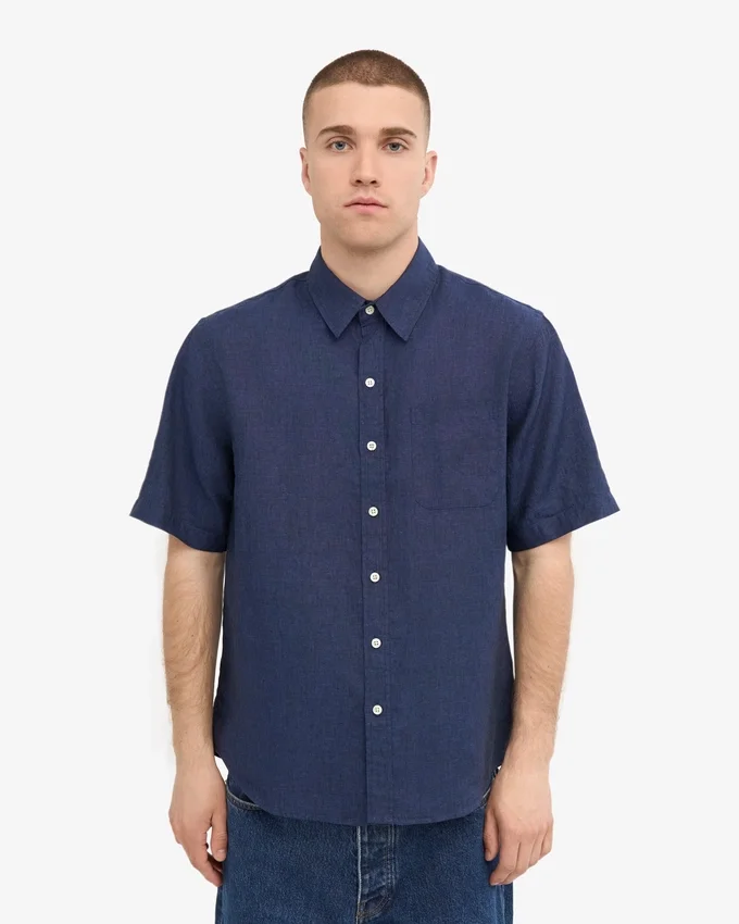 Camisas de lino de manga corta - Azul petróleo