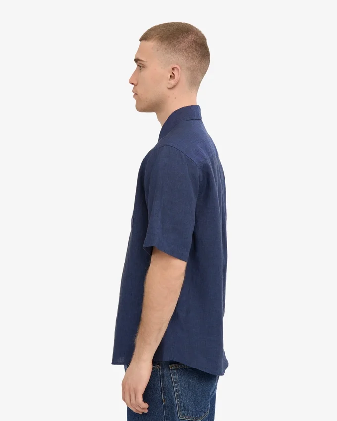 Camisas de lino de manga corta - Azul petróleo