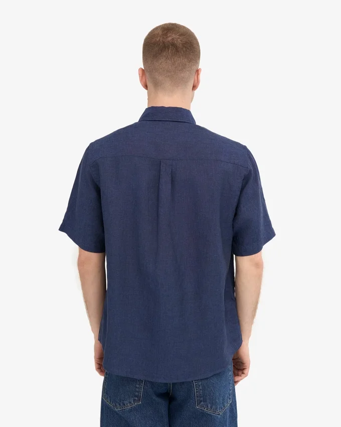 Camisas de lino de manga corta - Azul petróleo