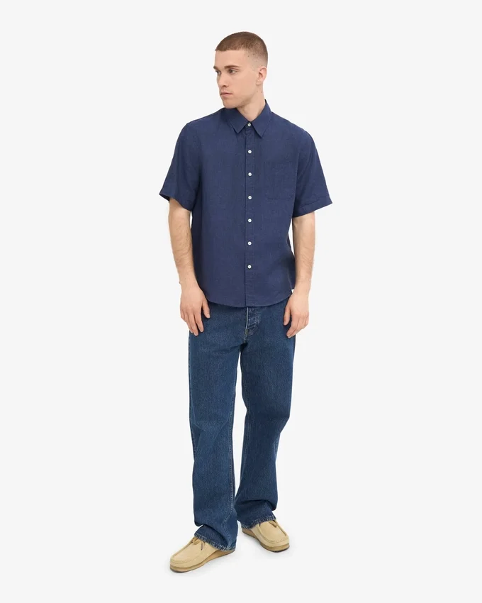 Camisas de lino de manga corta - Azul petróleo