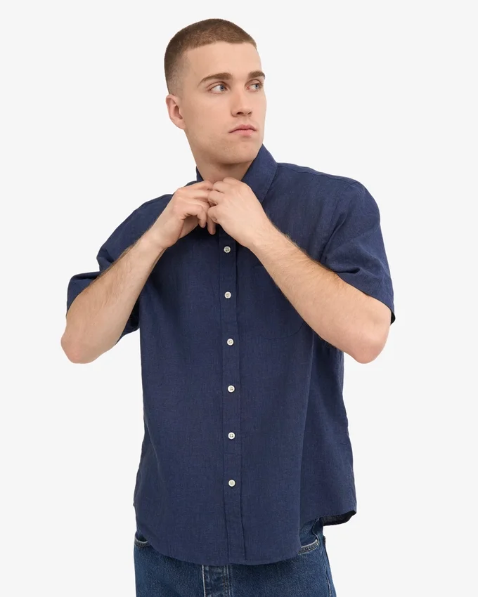 Camisas de lino de manga corta - Azul petróleo