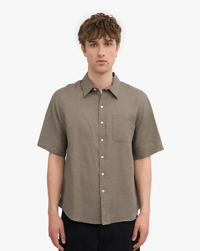 Camisas de lino de manga corta - Verde oliva apagado