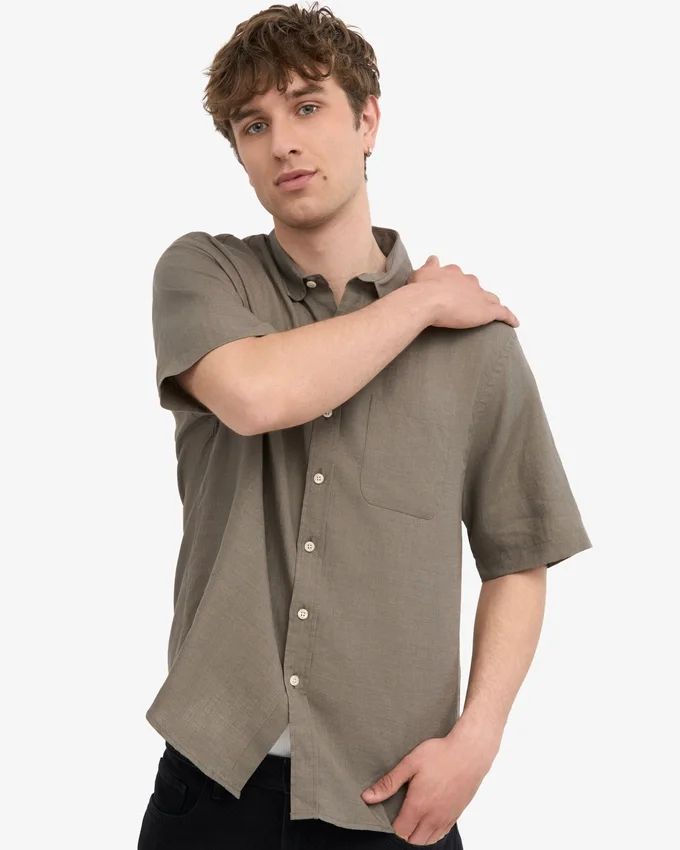 Camisas de lino de manga corta - Verde oliva apagado