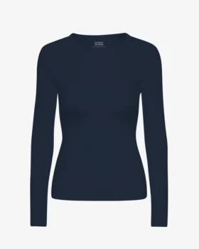 Camiseña orgánica de manga larga con diseño acanalado para mujer - Azul marino
