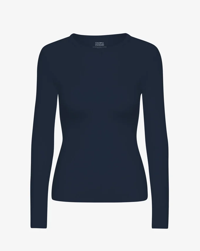 Camiseña orgánica de manga larga con diseño acanalado para mujer - Azul marino