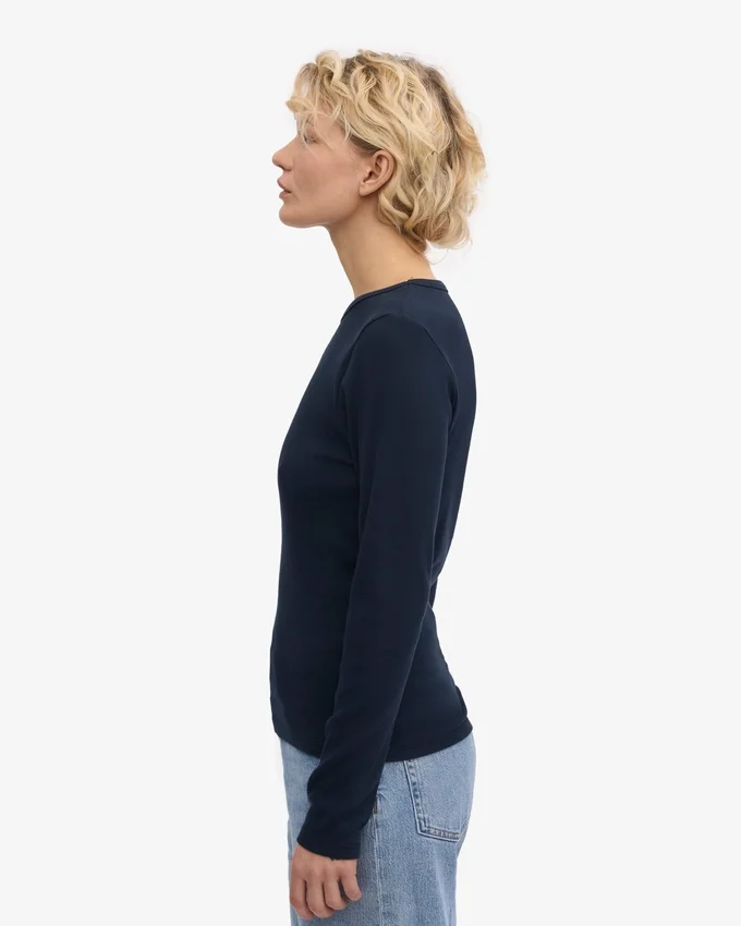 Camiseña orgánica de manga larga con diseño acanalado para mujer - Azul marino