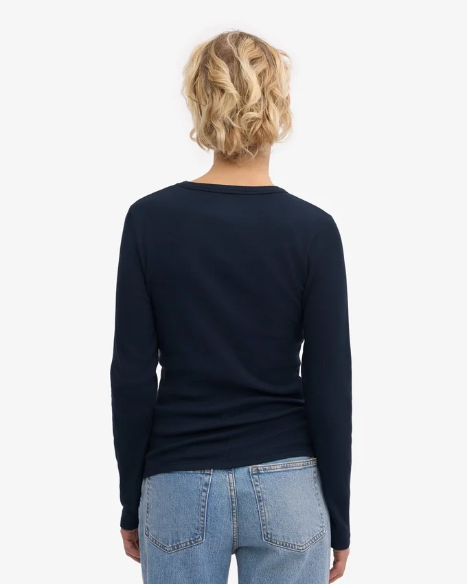 Camiseña orgánica de manga larga con diseño acanalado para mujer - Azul marino