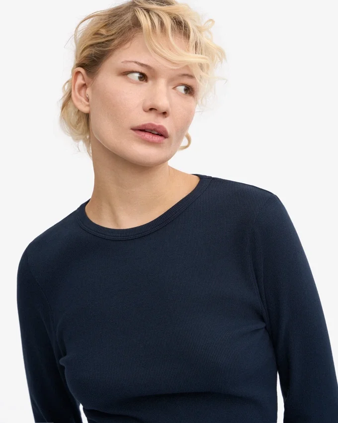 Camiseña orgánica de manga larga con diseño acanalado para mujer - Azul marino
