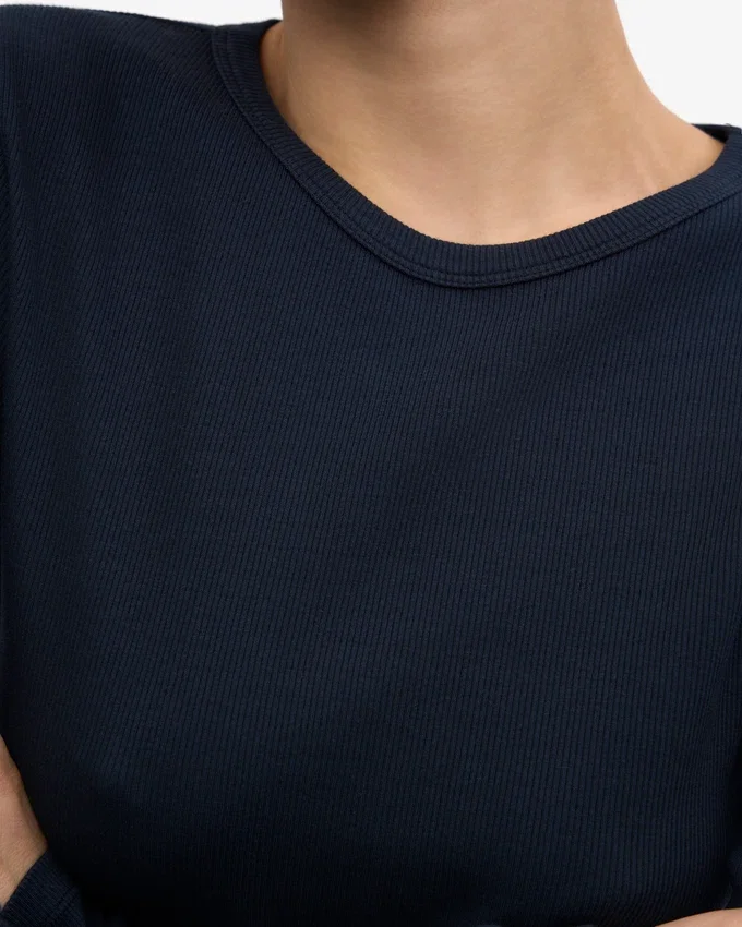 Camiseña orgánica de manga larga con diseño acanalado para mujer - Azul marino