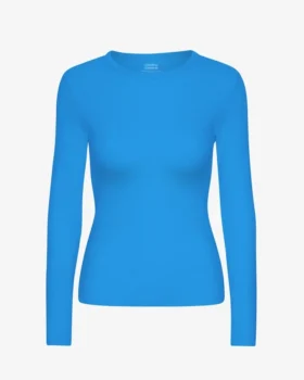 Camiseta de manga larga con canalé orgánica para mujer - Azul Pacífico