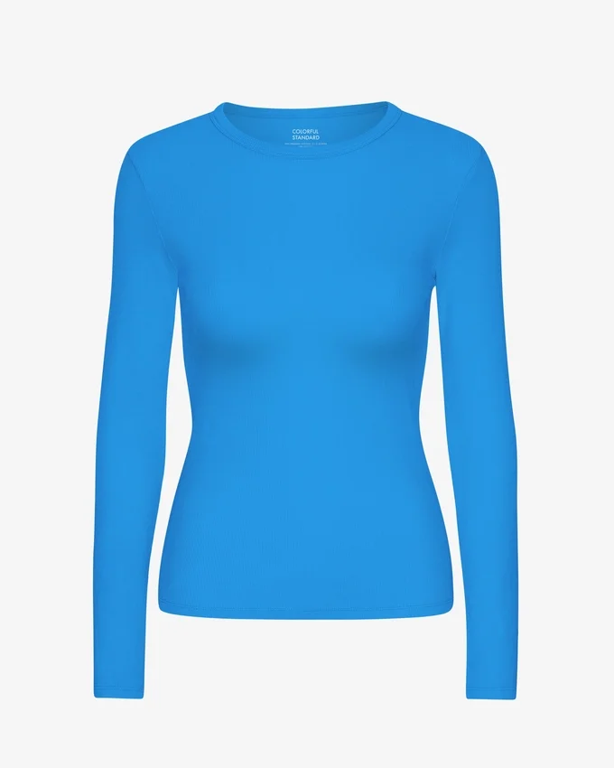 Camiseta de manga larga con canalé orgánica para mujer - Azul Pacífico