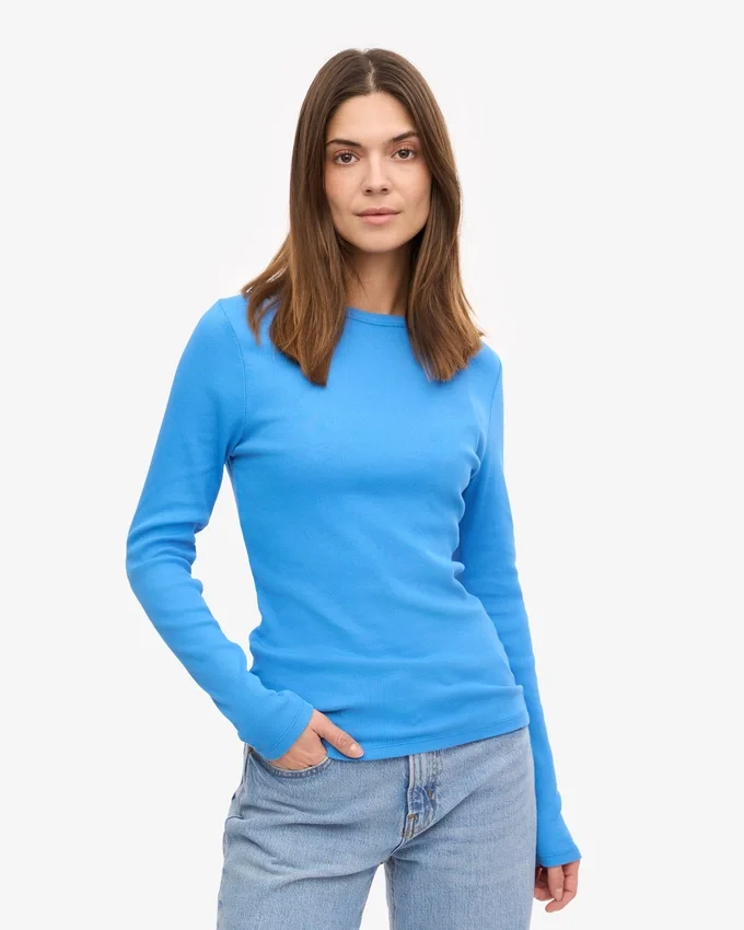 Camiseta de manga larga con canalé orgánica para mujer - Azul Pacífico