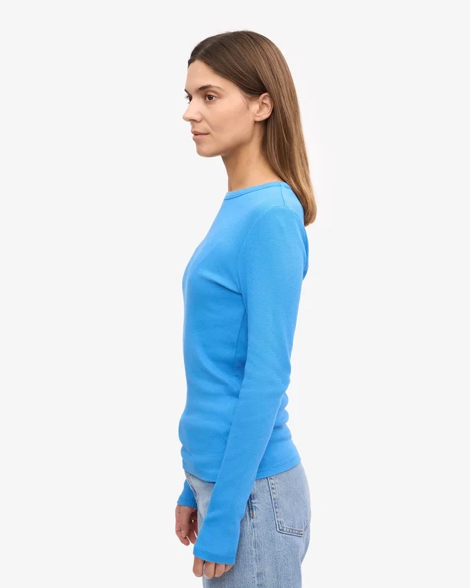 Camiseta de manga larga con canalé orgánica para mujer - Azul Pacífico
