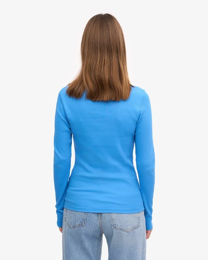 Camiseta de manga larga con canalé orgánica para mujer - Azul Pacífico