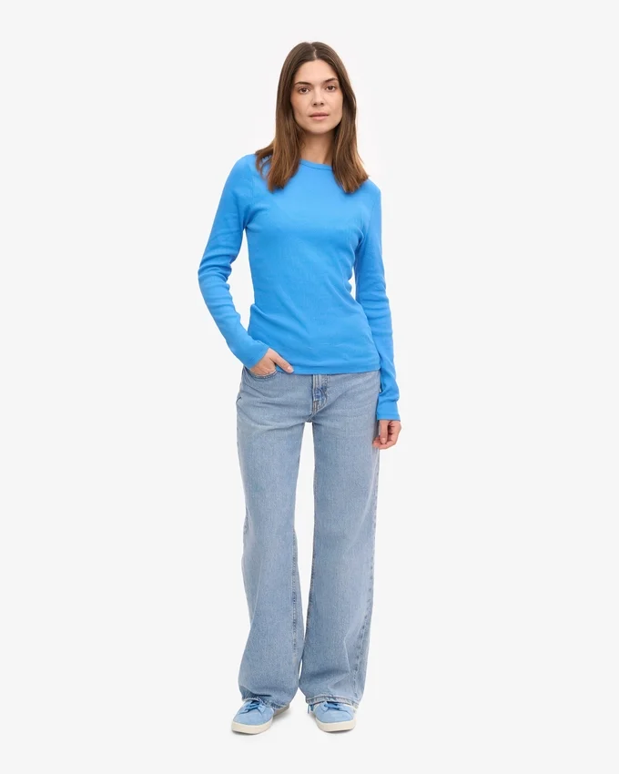 Camiseta de manga larga con canalé orgánica para mujer - Azul Pacífico