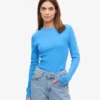 Camiseta de manga larga con canalé orgánica para mujer - Azul Pacífico