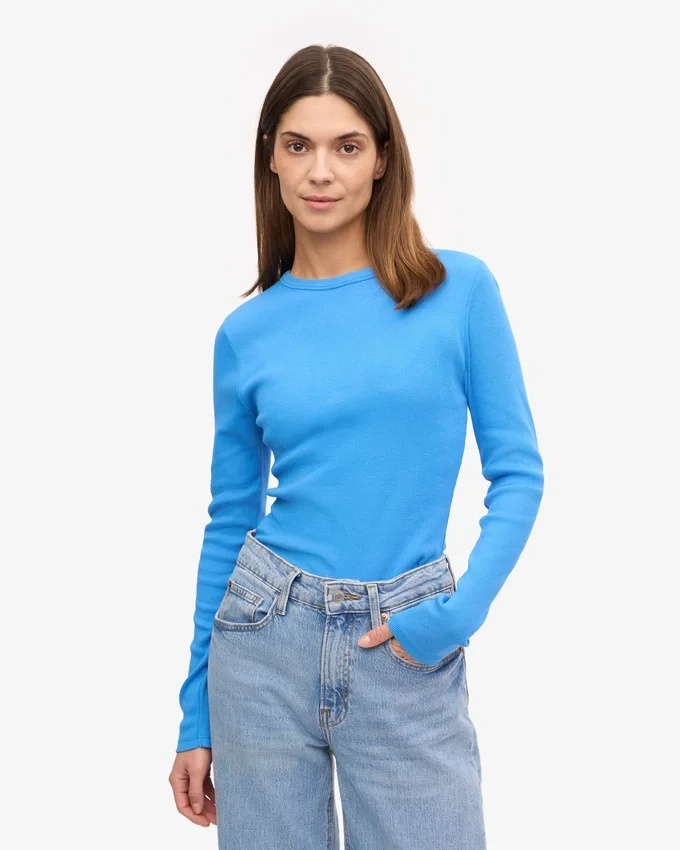 Camiseta de manga larga con canalé orgánica para mujer - Azul Pacífico