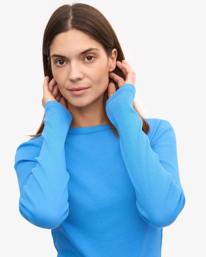 Camiseta de manga larga con canalé orgánica para mujer - Azul Pacífico