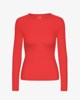 Camiseta de manga larga con canalé orgánica para mujer - Mandarina roja