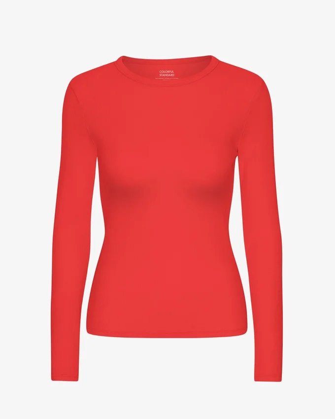 Camiseta de manga larga con canalé orgánica para mujer - Mandarina roja