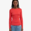 Camiseta de manga larga con canalé orgánica para mujer - Mandarina roja