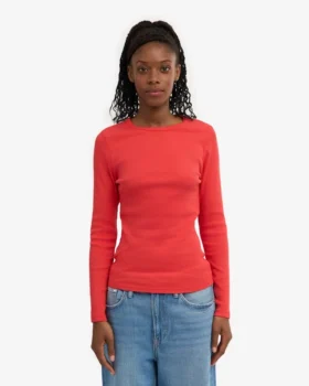 Camiseta de manga larga con canalé orgánica para mujer – Mandarina roja