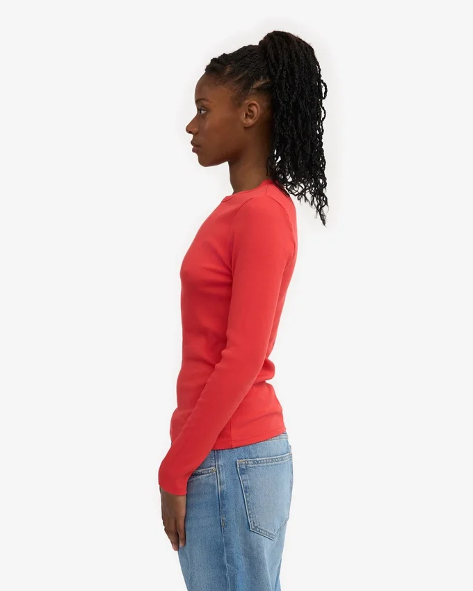 Camiseta de manga larga con canalé orgánica para mujer - Mandarina roja