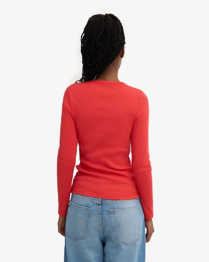 Camiseta de manga larga con canalé orgánica para mujer - Mandarina roja