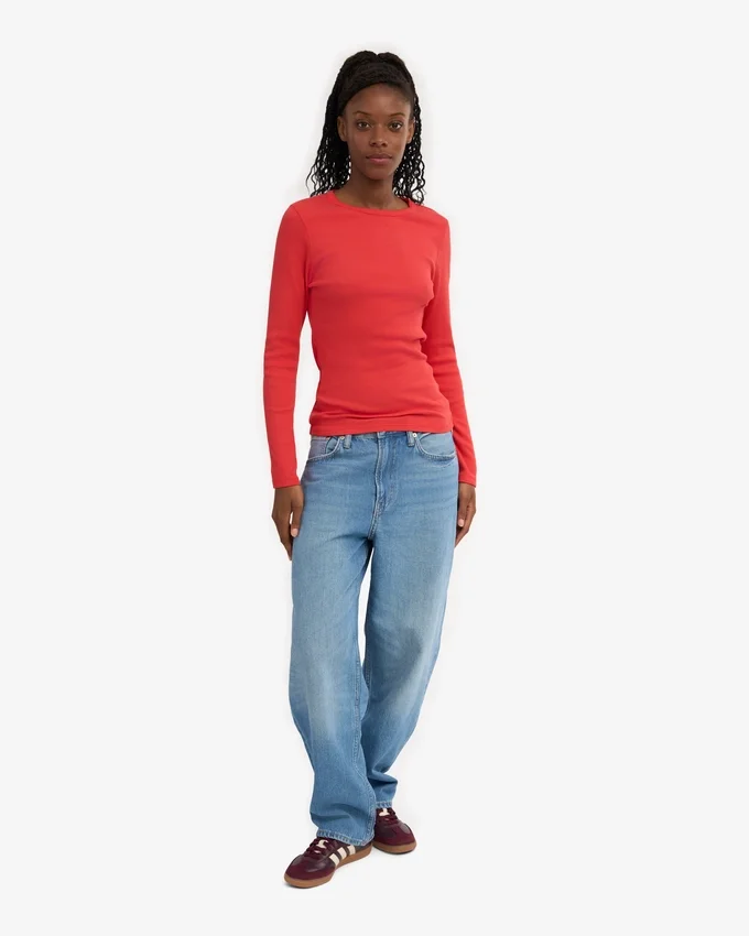Camiseta de manga larga con canalé orgánica para mujer - Mandarina roja
