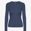 Camiseta de manga larga con costuras acanaladas orgánica para mujer - Azul petróleo