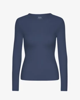 Camiseta de manga larga con costuras acanaladas orgánica para mujer - Azul petróleo