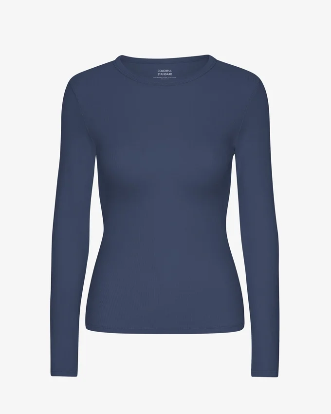 Camiseta de manga larga con costuras acanaladas orgánica para mujer - Azul petróleo