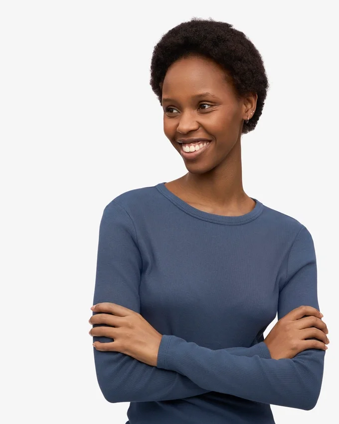 Camiseta de manga larga con costuras acanaladas orgánica para mujer - Azul petróleo