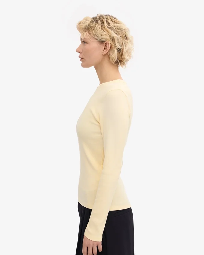 Camiseta de manga larga con cuello acanalado orgánica para mujer - Amarillo suave