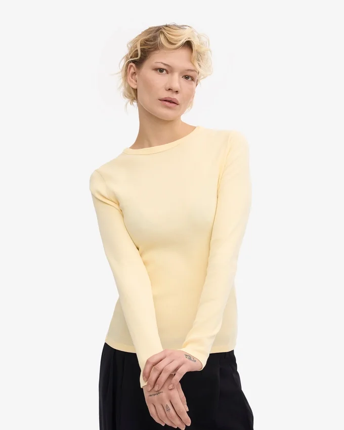Camiseta de manga larga con cuello acanalado orgánica para mujer - Amarillo suave