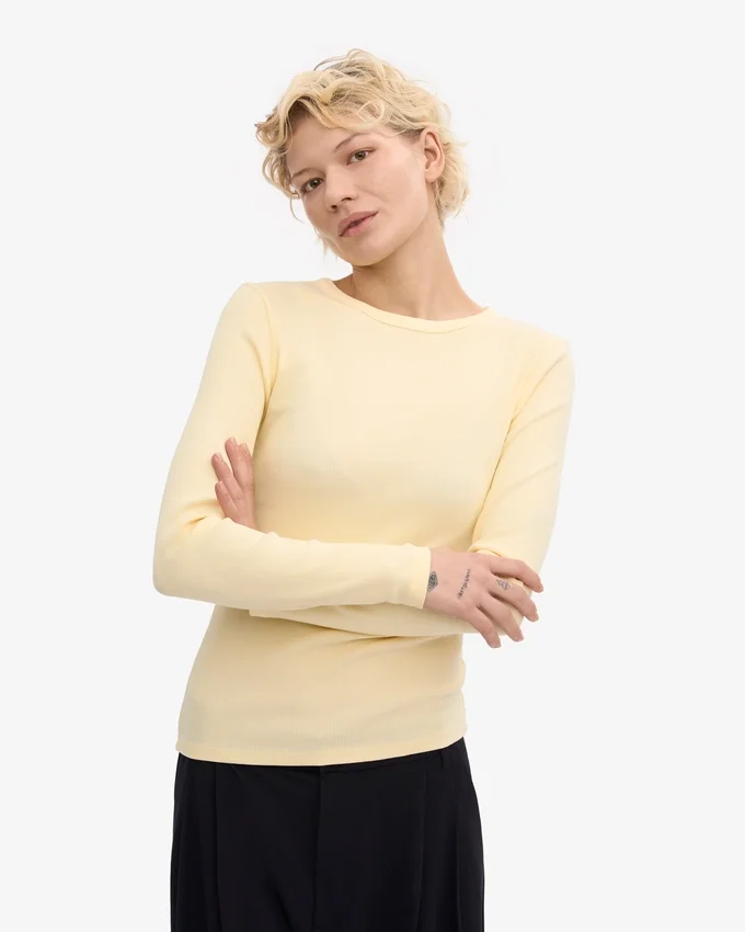 Camiseta de manga larga con cuello acanalado orgánica para mujer - Amarillo suave