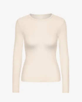 Camiseta de manga larga con cuello acanalado orgánica para mujer - Blanco marfil