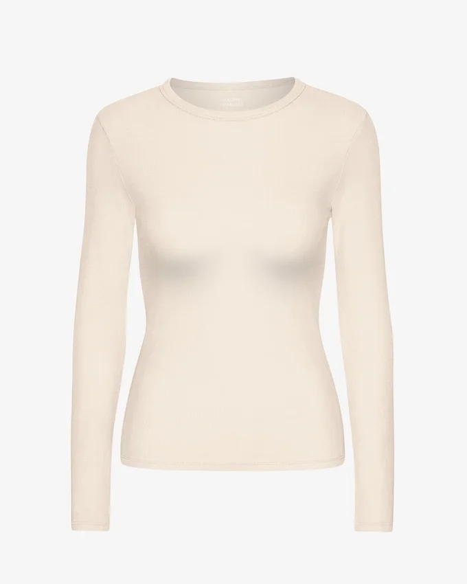 Camiseta de manga larga con cuello acanalado orgánica para mujer - Blanco marfil