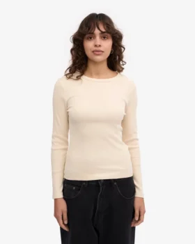 Camiseta de manga larga con cuello acanalado orgánica para mujer – Blanco marfil