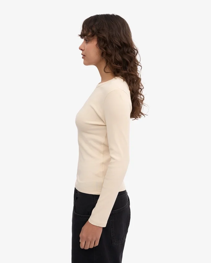 Camiseta de manga larga con cuello acanalado orgánica para mujer - Blanco marfil