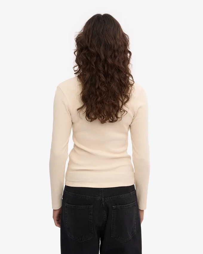 Camiseta de manga larga con cuello acanalado orgánica para mujer - Blanco marfil