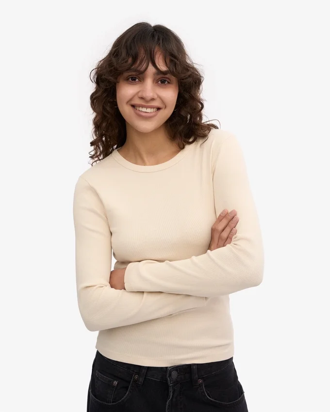 Camiseta de manga larga con cuello acanalado orgánica para mujer - Blanco marfil