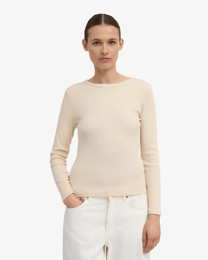 Camiseta de manga larga con cuello acanalado orgánica para mujer - Blanco marfil