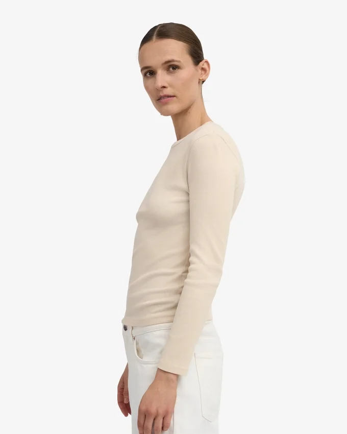 Camiseta de manga larga con cuello acanalado orgánica para mujer - Blanco marfil