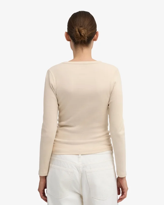 Camiseta de manga larga con cuello acanalado orgánica para mujer - Blanco marfil