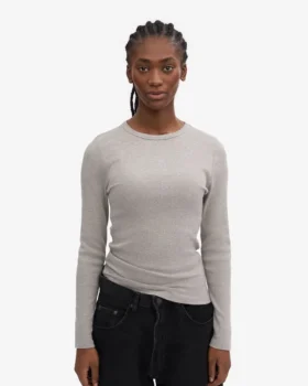 Camiseta de manga larga con cuello acanalado orgánica para mujer – Gris jaspeado