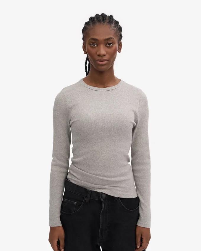 Camiseta de manga larga con cuello acanalado orgánica para mujer - Gris jaspeado